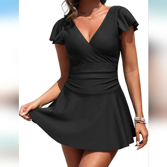 AQUA EVE Elegant Black Ruffle Sleeve Swimdress - Picture 2 of 7